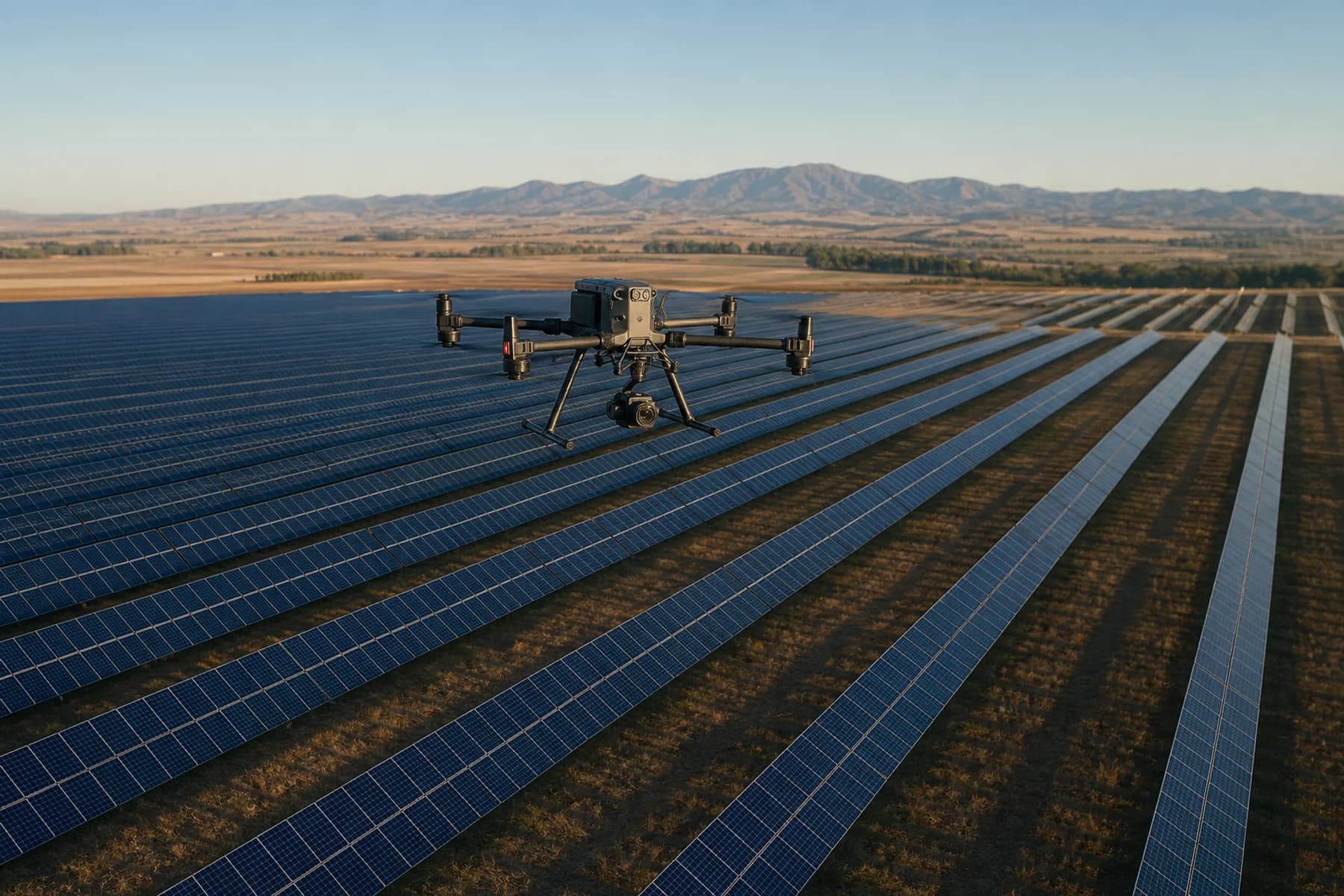 RGB inspection drone collecting data above a utility-scale solar farm