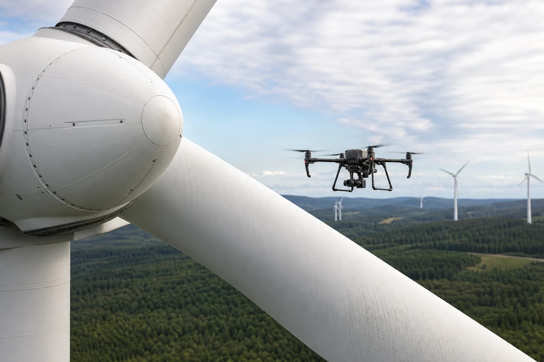 RGB inspection drone collecting close-range imagery beside a wind turbine blade